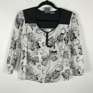 Anthropologie Girls From Savoy Butterfly Blouse Size 0 Black White 3/4 Sleeve